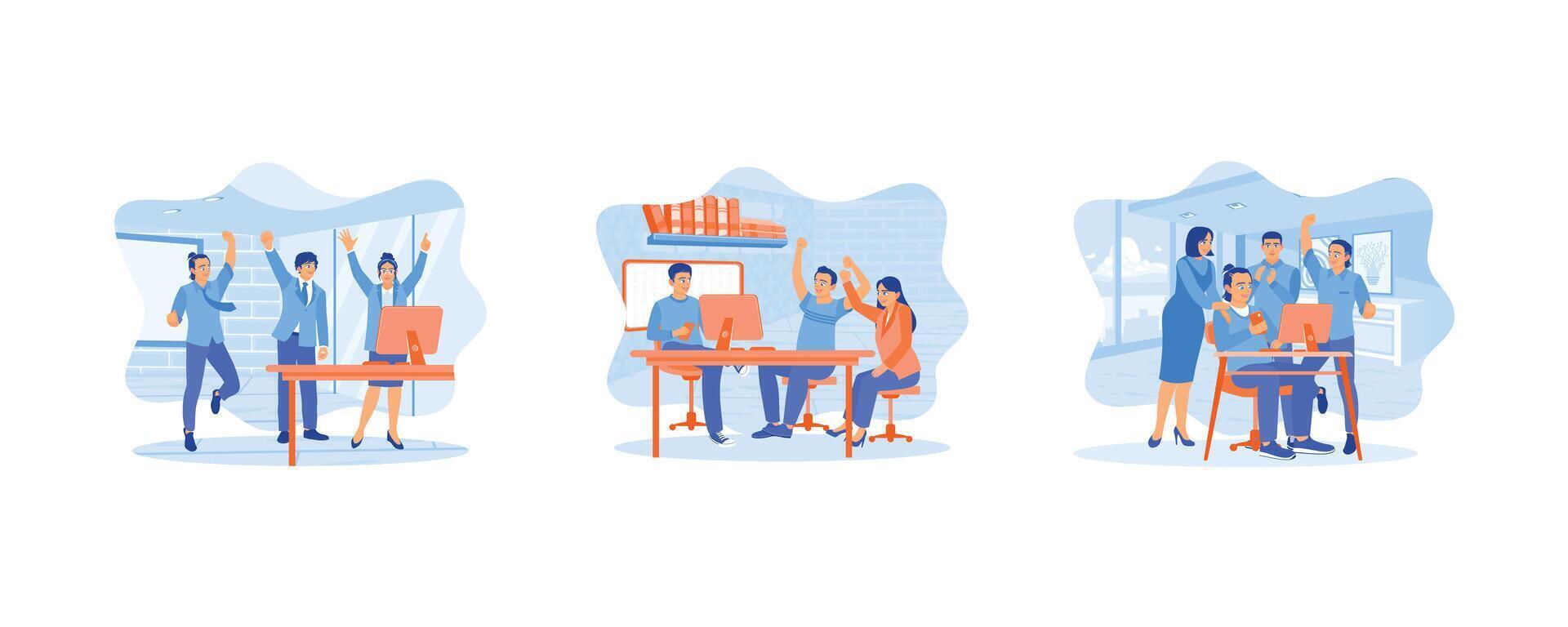 Good successful teamwork concept. Colleagues celebrating successful completion of projects and great achievement at work. People with happy expressions. Set flat vector modern illustration