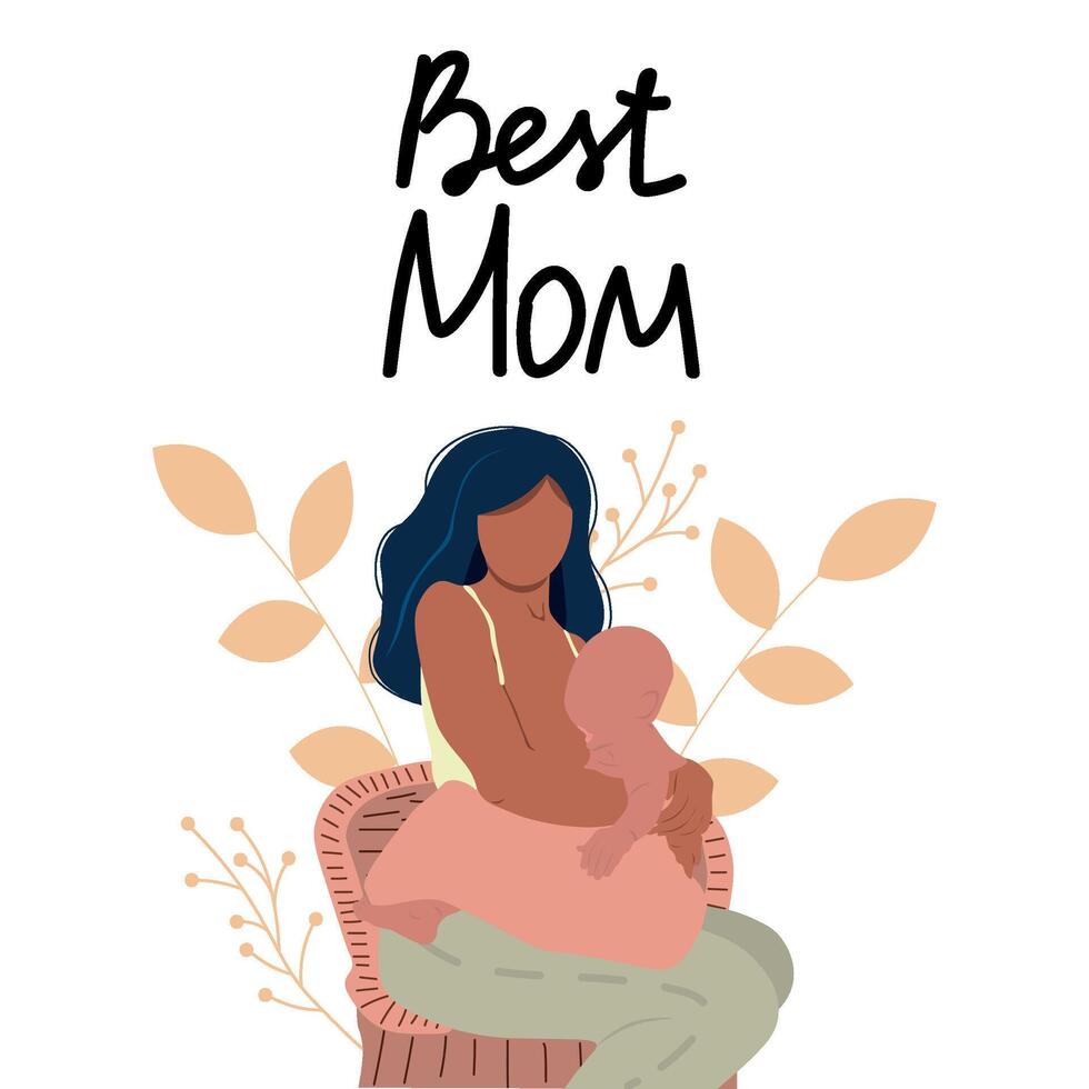 Breastfeeding illustration, mother feeding a baby with breast with nature and leaves background. Concept vector illustration in flat style.