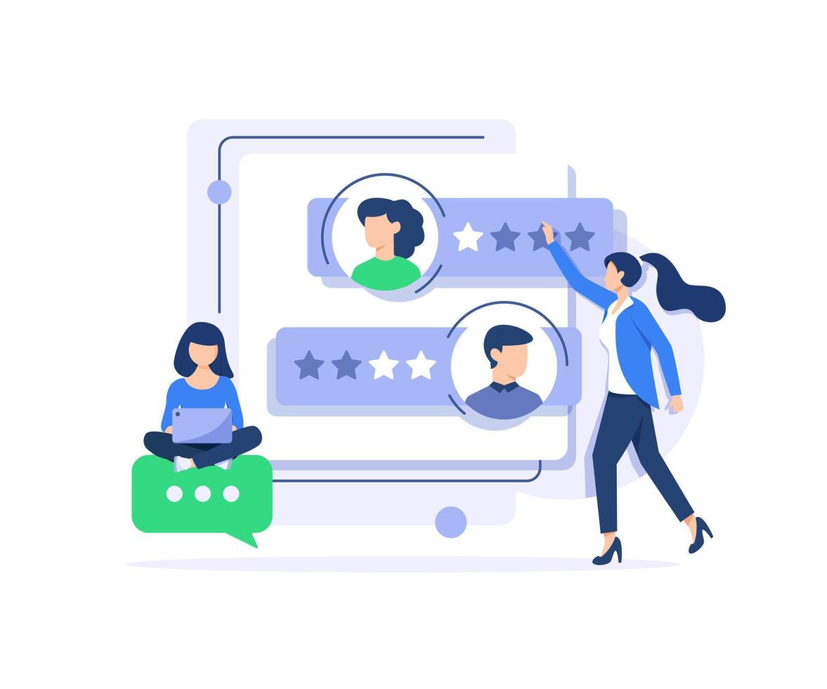 Customer feedback scene,Characters giving review to customer service operator and writing comments vector