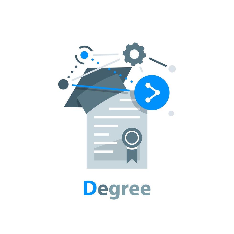 Education concept, graduation hat,degree certificate, accomplishment, vector illustration