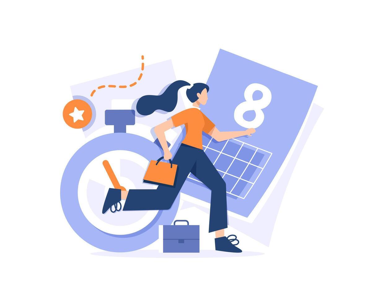 time management,Productive woman, multitasking or time management professional, productivity or entrepreneurship, work efficiency or organize schedule vector