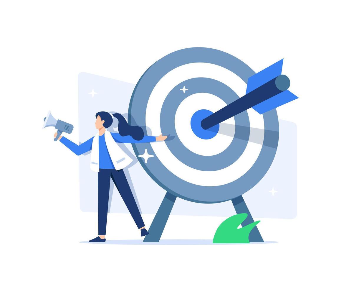 Target marketing concept,Successful business or consumer targeting. PR manager woman attracting customers with megaphone,Focus group. Goal achievement vector