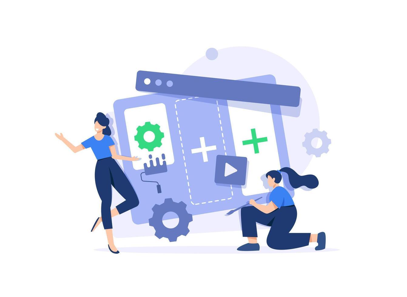 Set of UI and UX designers creating functional web interface design for websites and mobile apps,flat design icon vector illustration
