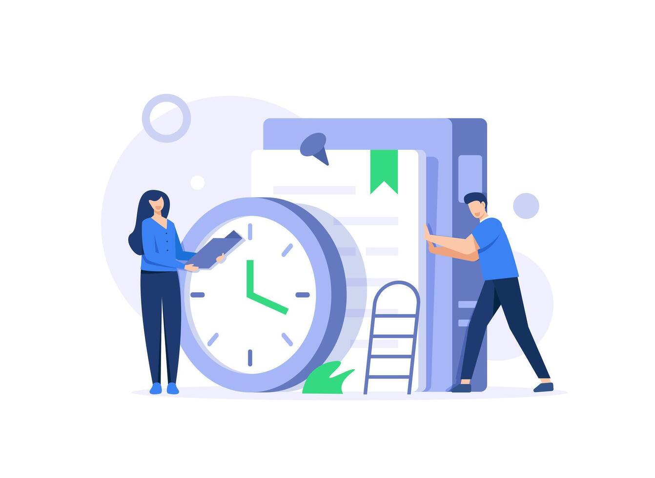 People reading near big clock and books,Time to study, enjoying good book, learning, Education, learning. Knowledge sign, deadline, reminder, alarm clock, schedule vector