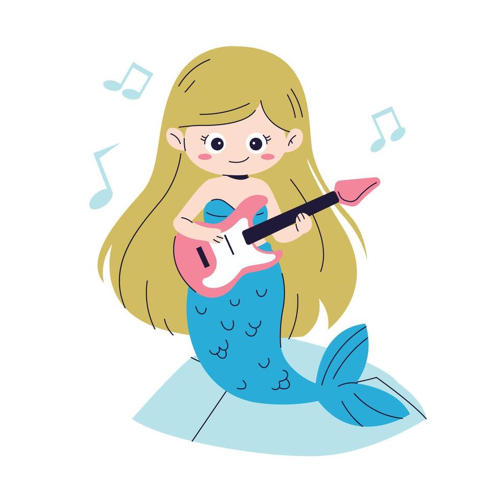 dibujos animados sirena niña jugando un eléctrico guitarra vector