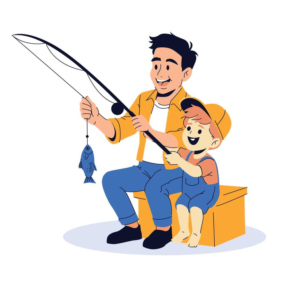 Father and Son Fishing Activity Flat Style vector