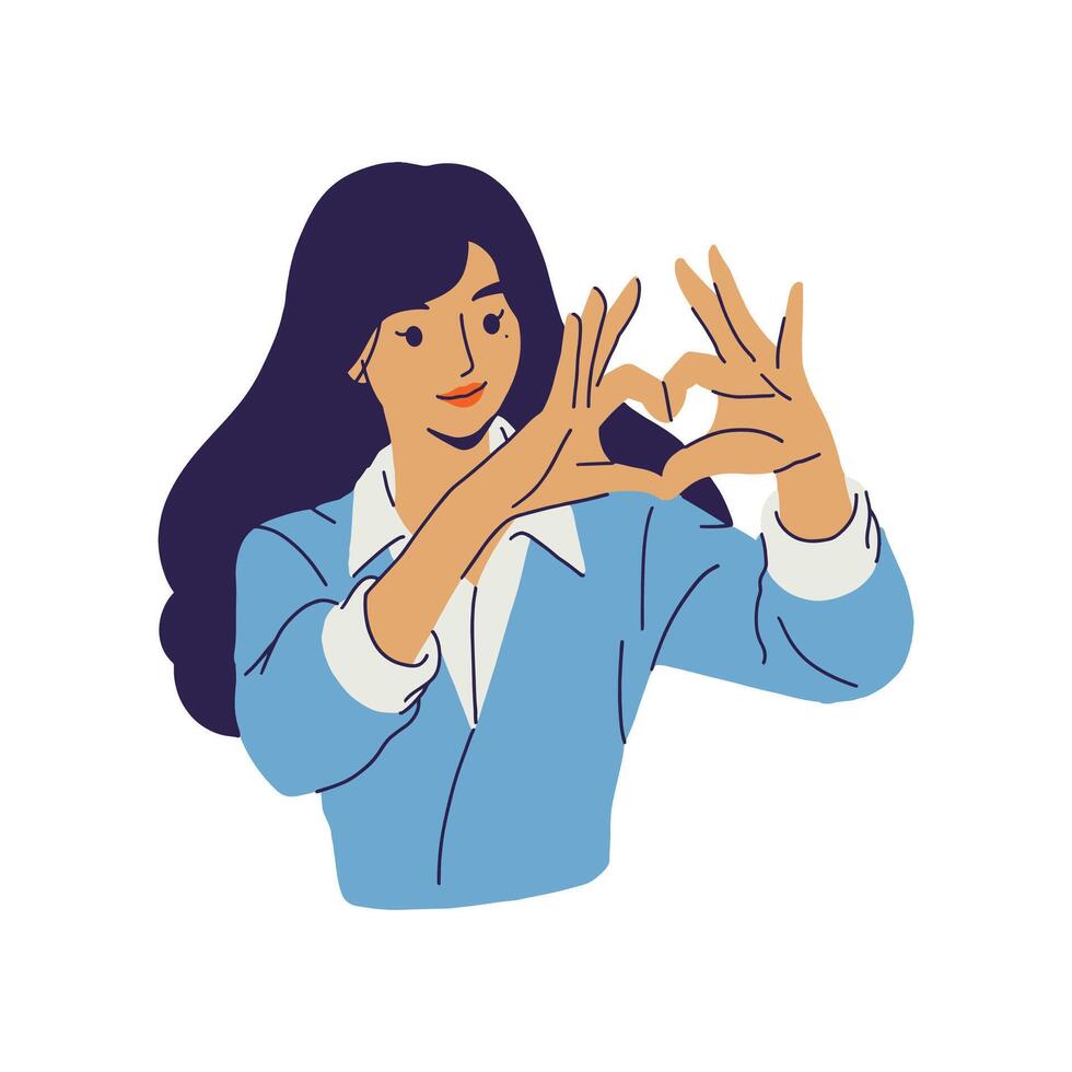 hermosa mujer hacer un corazón firmar, plano estilo ilustración vector