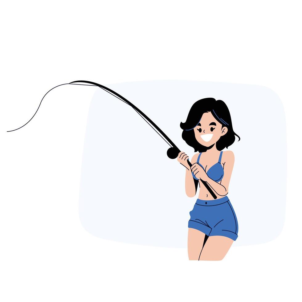 Woman doing Fun Fishing Activity Flat Style vector