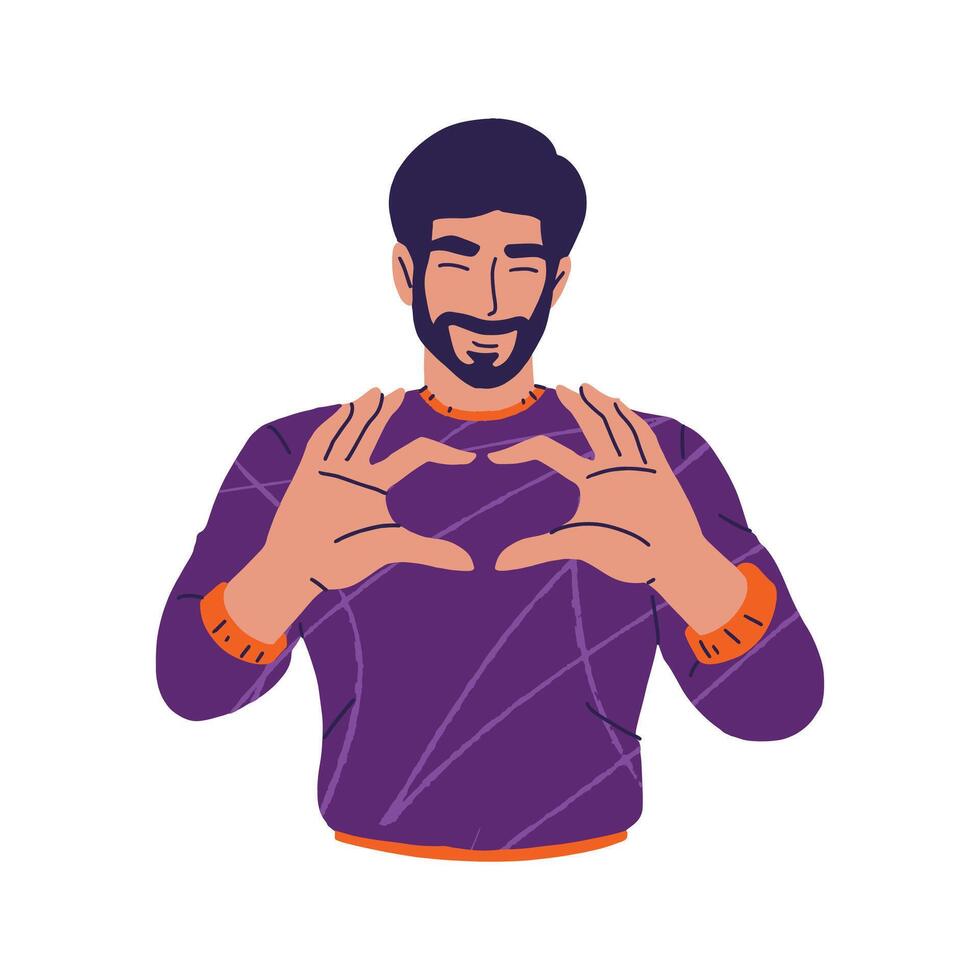 barbado hombre hacer un corazón firmar, plano estilo ilustración vector