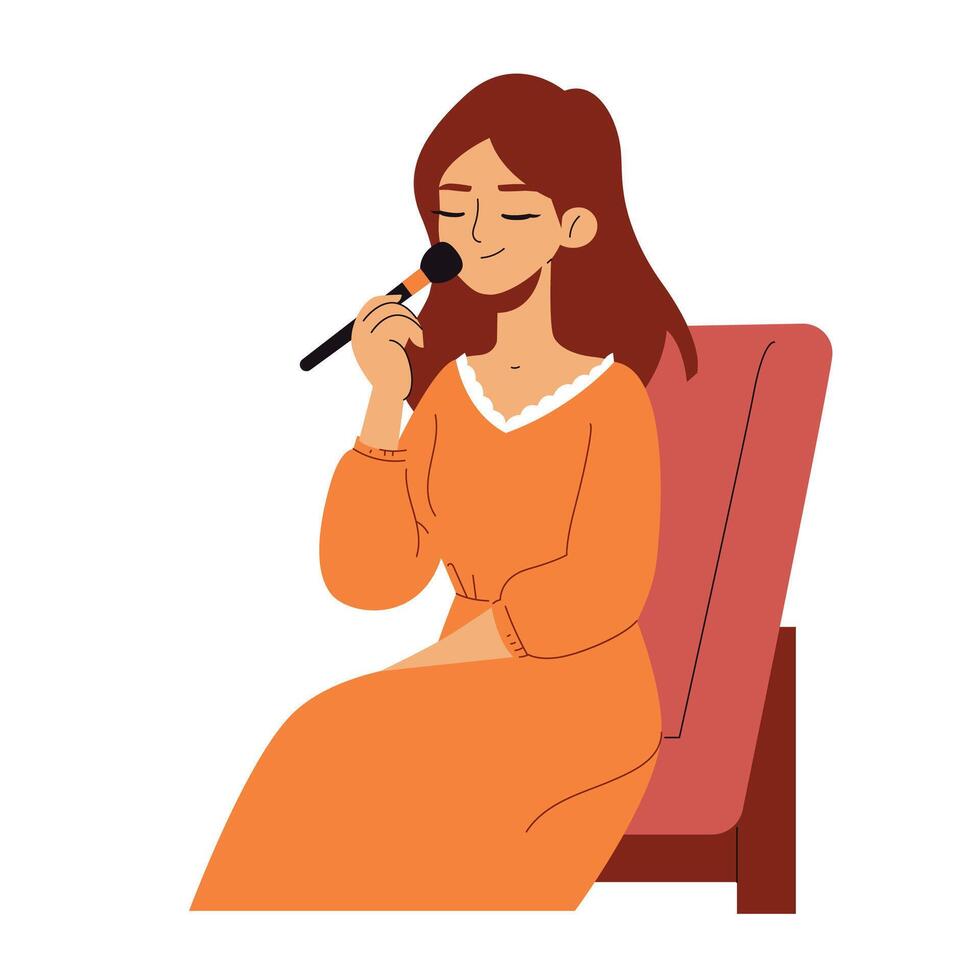 Cute Young Woman doing Make Up, Applying Powder with a brush vector
