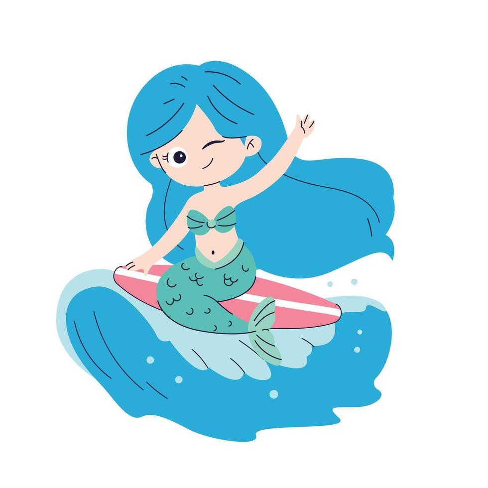 dibujos animados sirena niña surf en el parte superior de ola vector