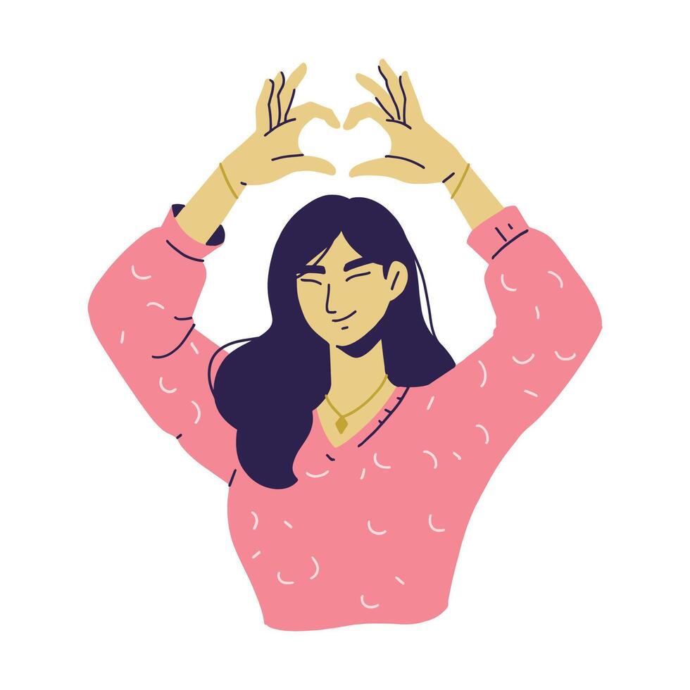 Smiling Woman Make a Heart Sign, Flat Style Illustration vector