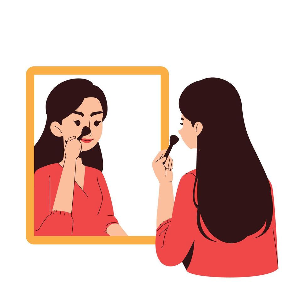 mujer haciendo maquillaje en frente de espejo vector