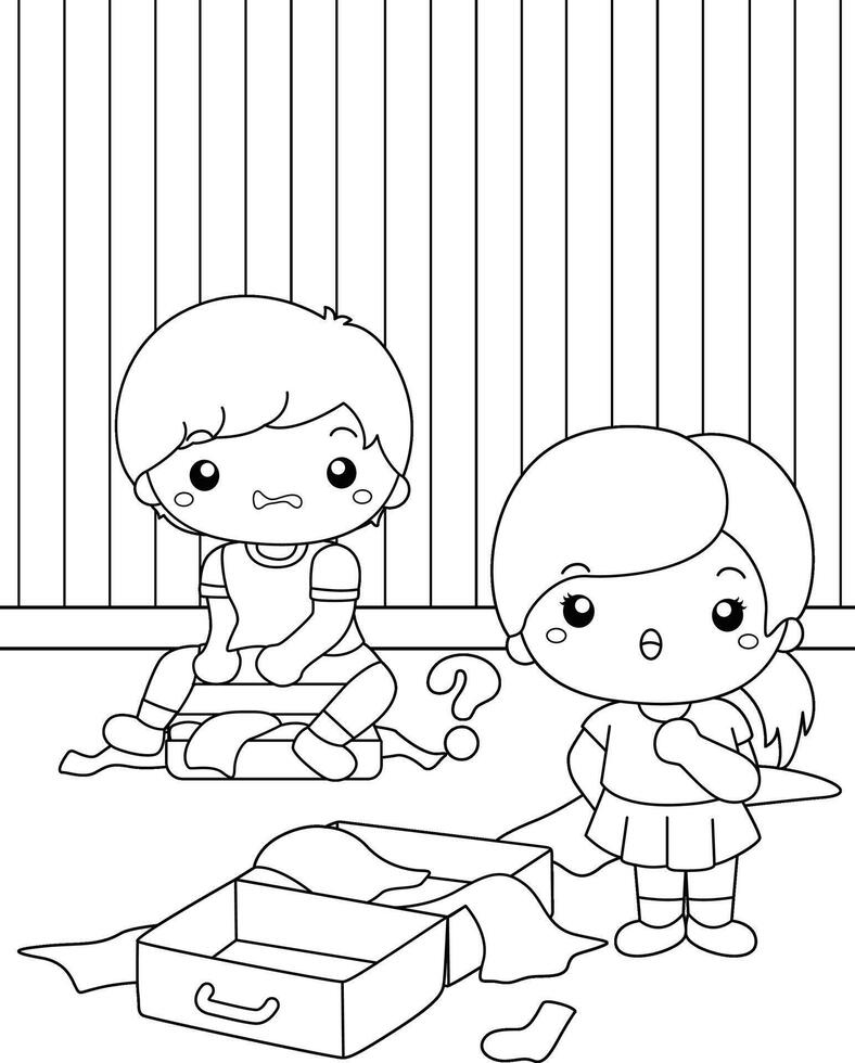 Cute and Happy Kids Prepare Packing for Vacation Holiday Trip Cartoon Coloring Activity for Kids and Adult vector