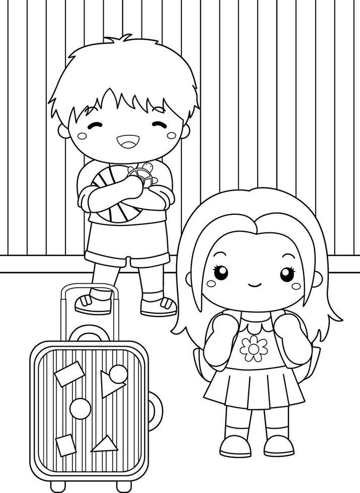 Cute and Happy Kids Prepare Packing for Vacation Holiday Trip Cartoon Coloring Activity for Kids and Adult vector