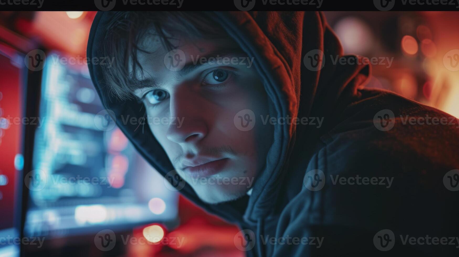 AI generated A hacker in a black hoodie looking over their shoulder, computer screens with ransomware virus notifications in the background, capturing the tension and urgency of a cyber attack photo