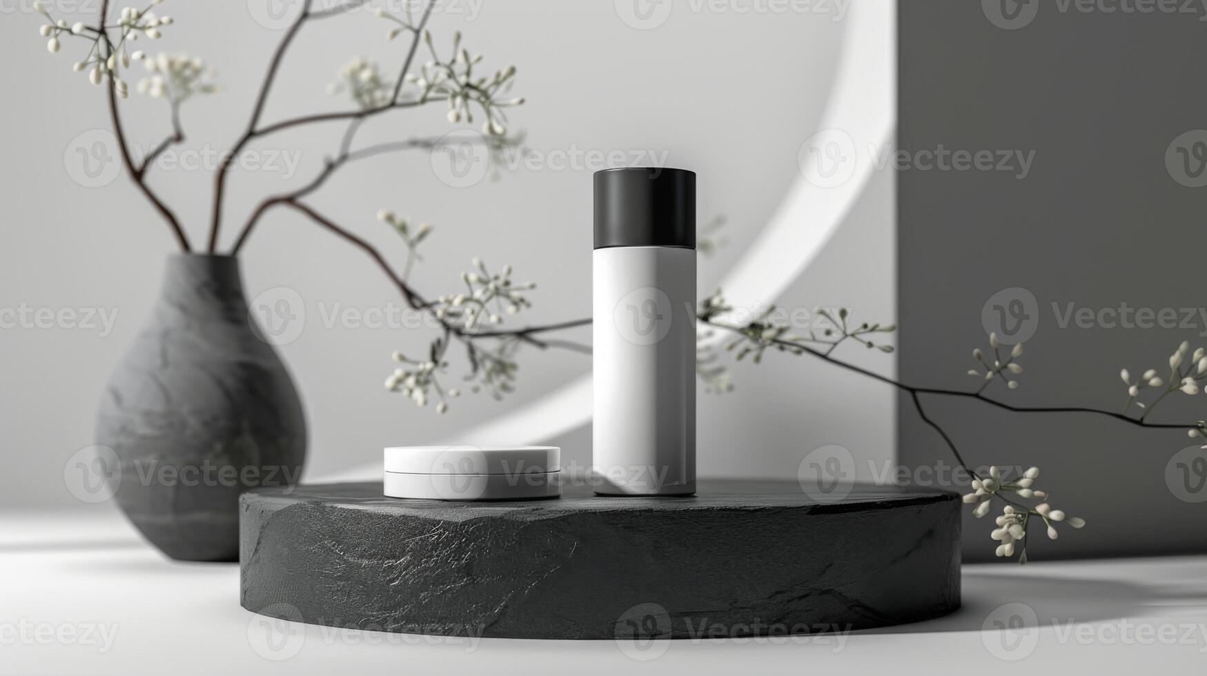 AI generated Elegant skin care product on a sleek black podium, contrasting with a stark white background, highlighting the product's premium quality in a minimalist fashion photo