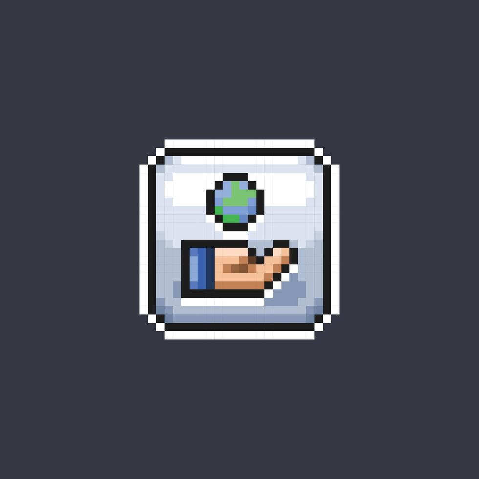 globe in hand sign in pixel art style vector