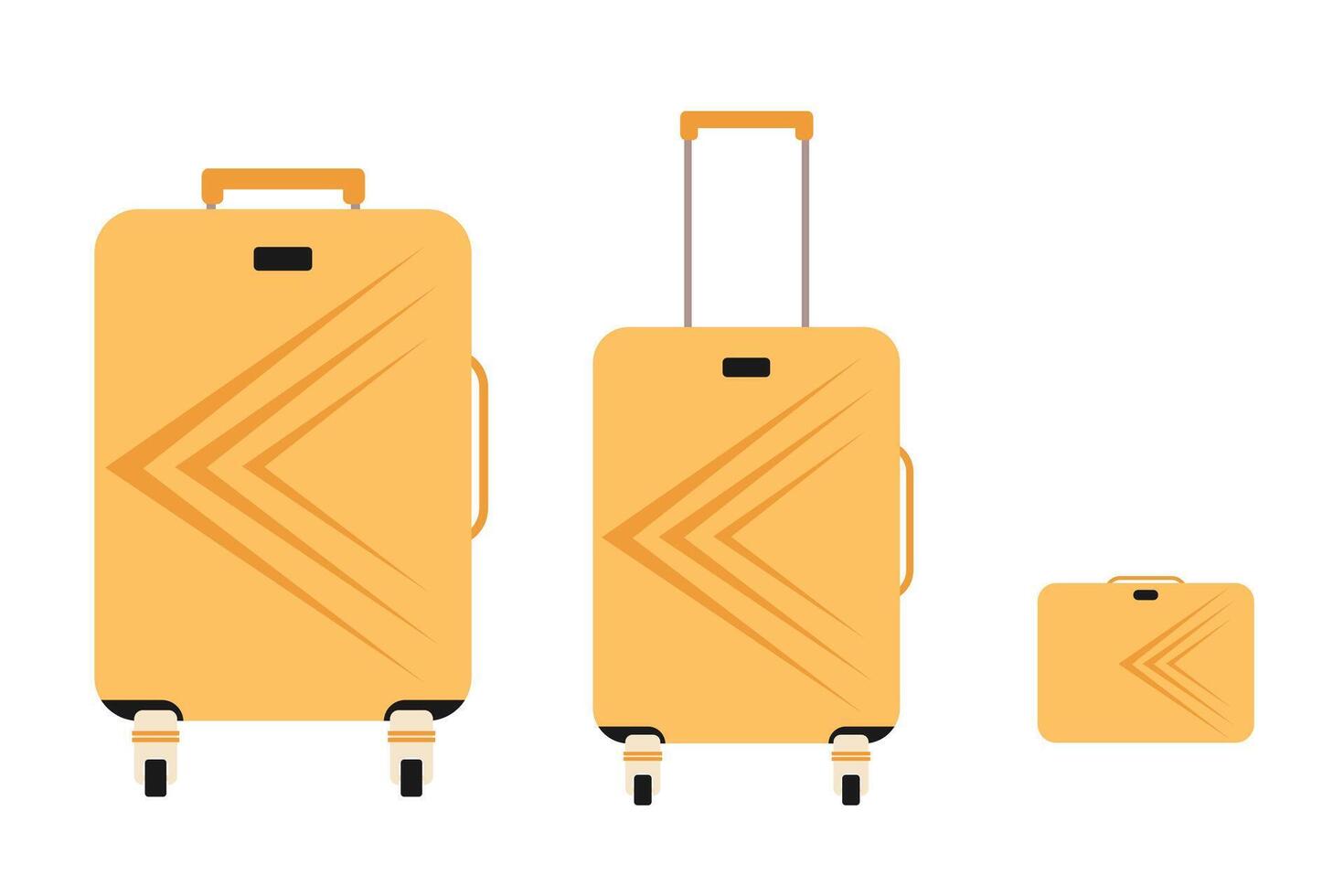 Set of yellow travel cartoon plastic suitcases on wheels. Isolated travel bag, case, trunk, valise. vector