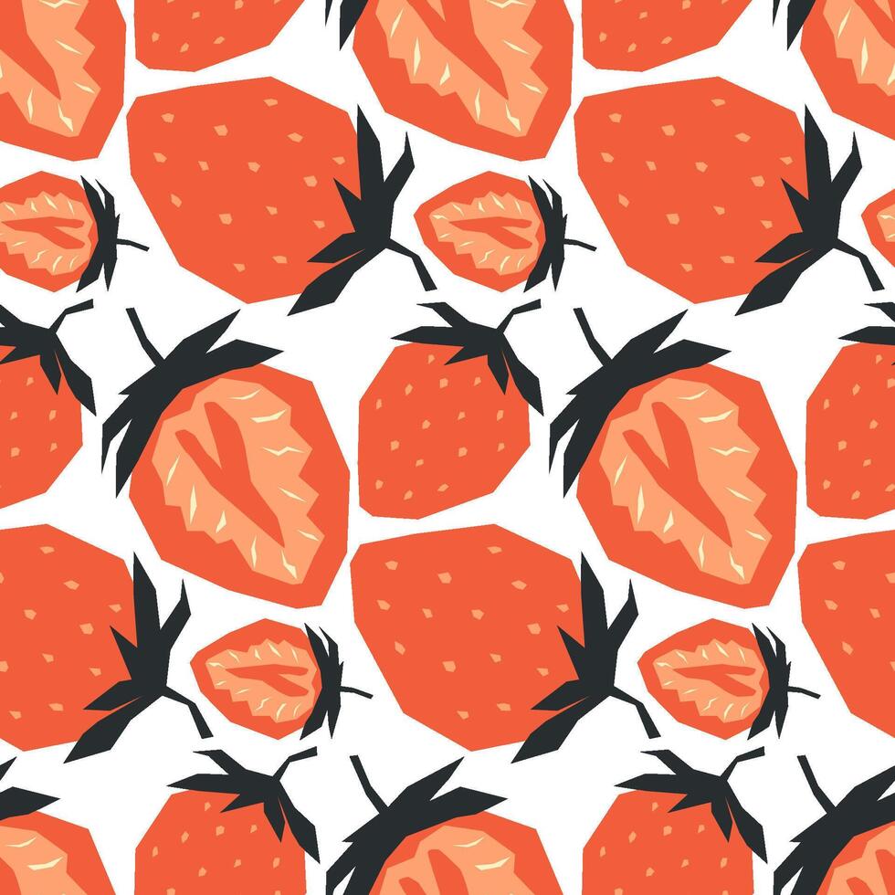 Seamless pattern with ripe red strawberry and half. Background, wrapping paper. Applique style drawing vector