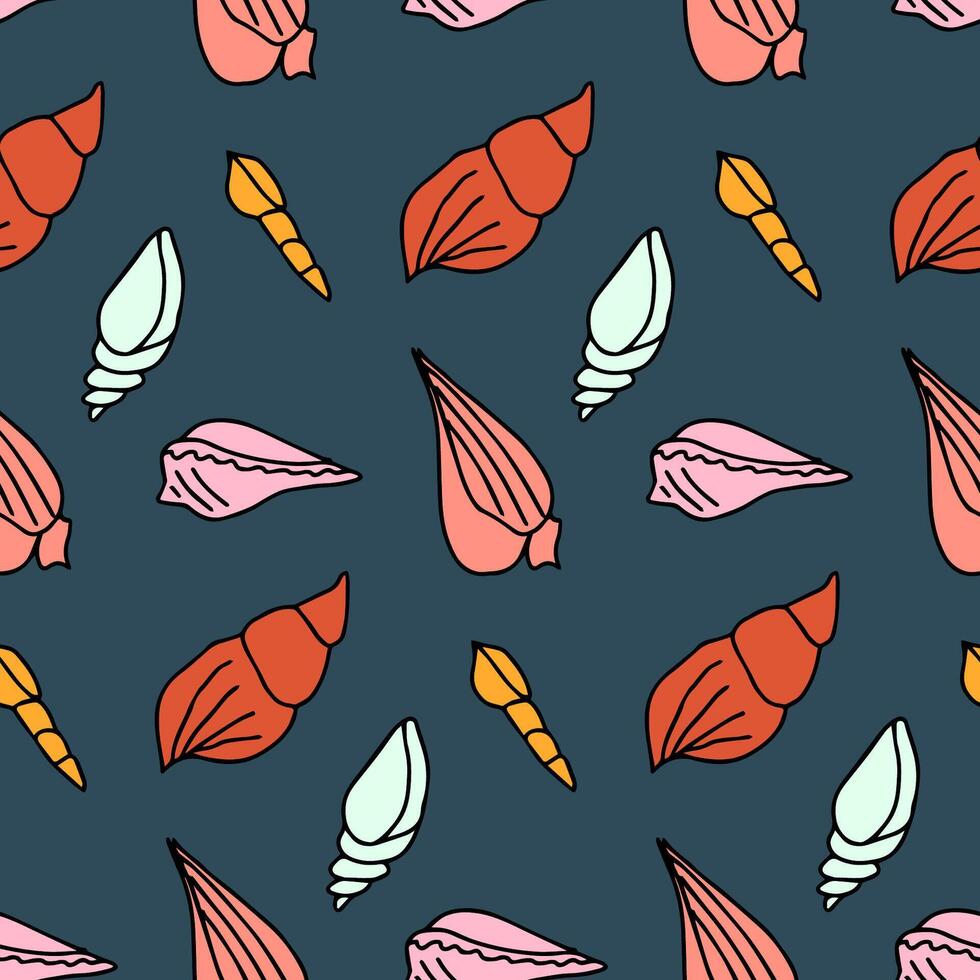 stylized groove seamless pattern with royal shells. Summer blue background vector