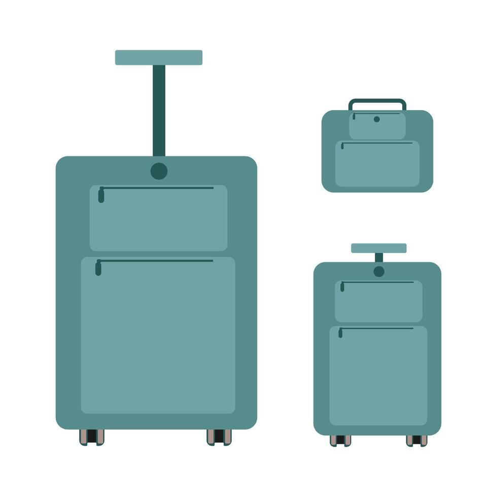 Set of green travel cartoon plastic suitcases on wheels. Isolated travel bag, case, trunk, valise. vector