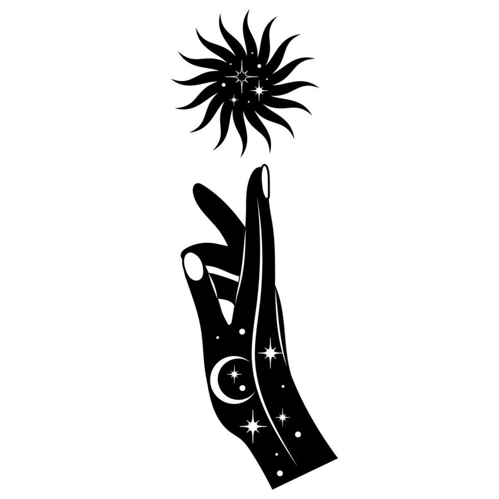 mano con sol, Luna y estrellas. resumen símbolo para productos cosméticos y embalaje, joyas, logo, tatuaje. esotérico. vector