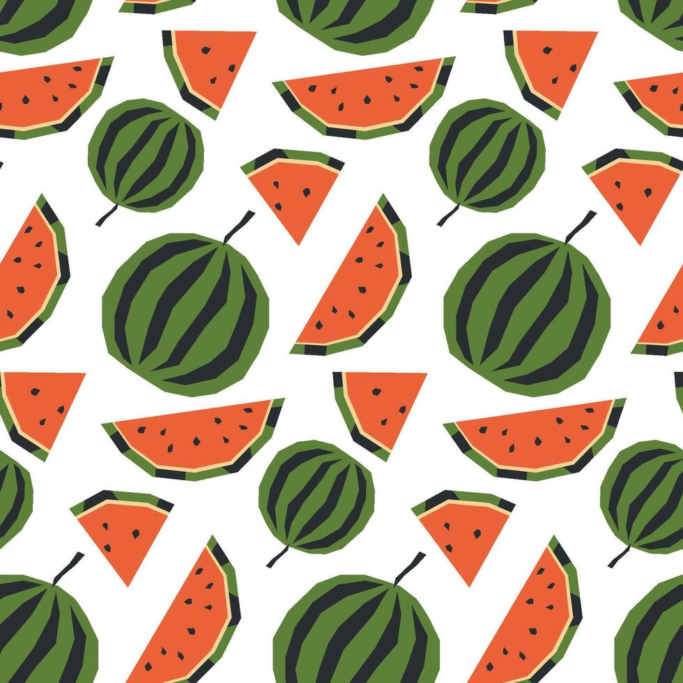 Seamless pattern with ripe watermelon and slice. Applique style drawing. Background, wrapping paper. vector