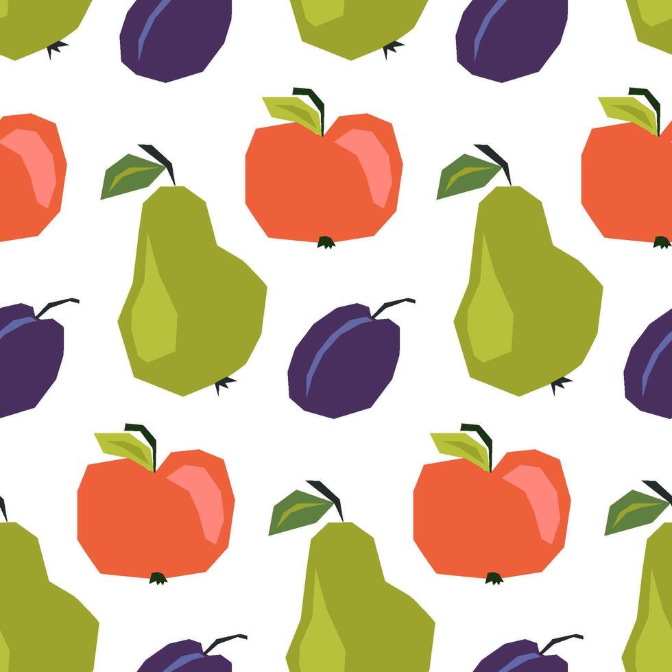 Seamless pattern with ripe pears, plums, apples on white. Background, wrapping paper. Applique style drawing vector
