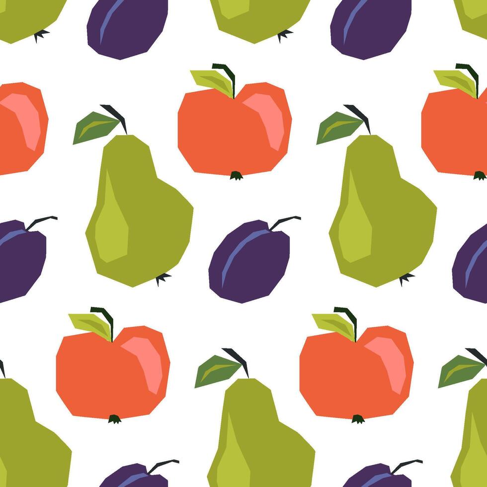 Seamless pattern with ripe pears, plums, apples on white. Background, wrapping paper. Applique style drawing vector