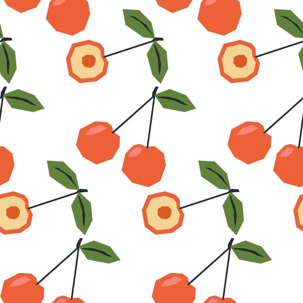 Seamless pattern with ripe red cherry and half on white. Applique style drawing. Background, wrapping paper. vector