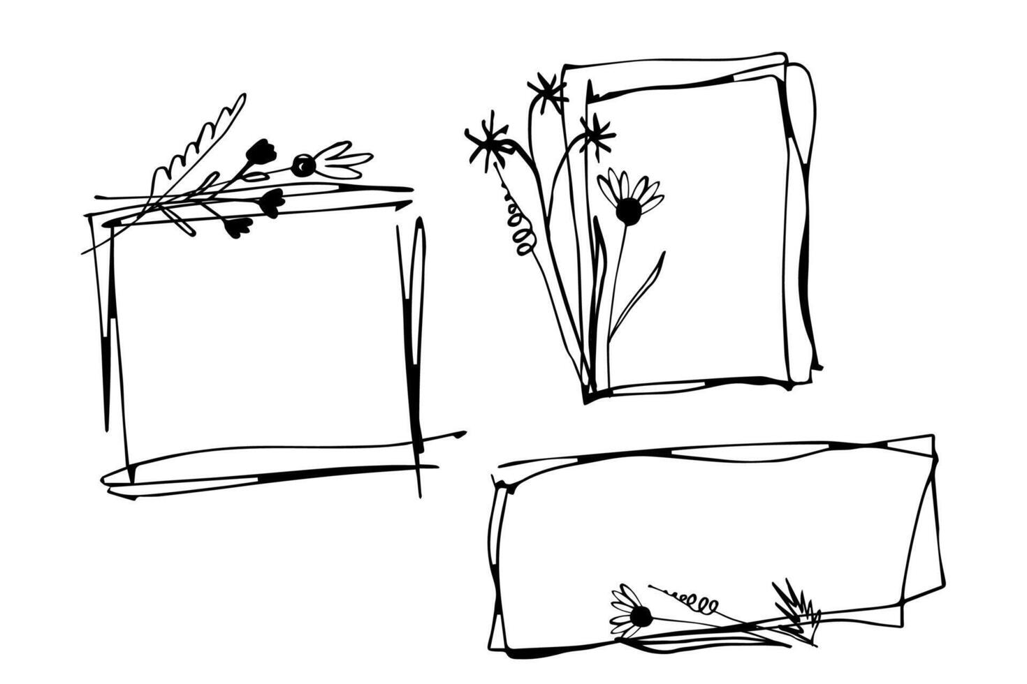Rectangle ink hand drawn frames with wildflowers. Wedding, cards, logos, design, tags vector