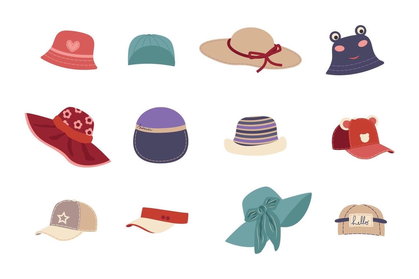 Hand drawn set of womens hats. Sketches of summer hats. Fashion sketches of Panama, hat, cap. Casual style. vector