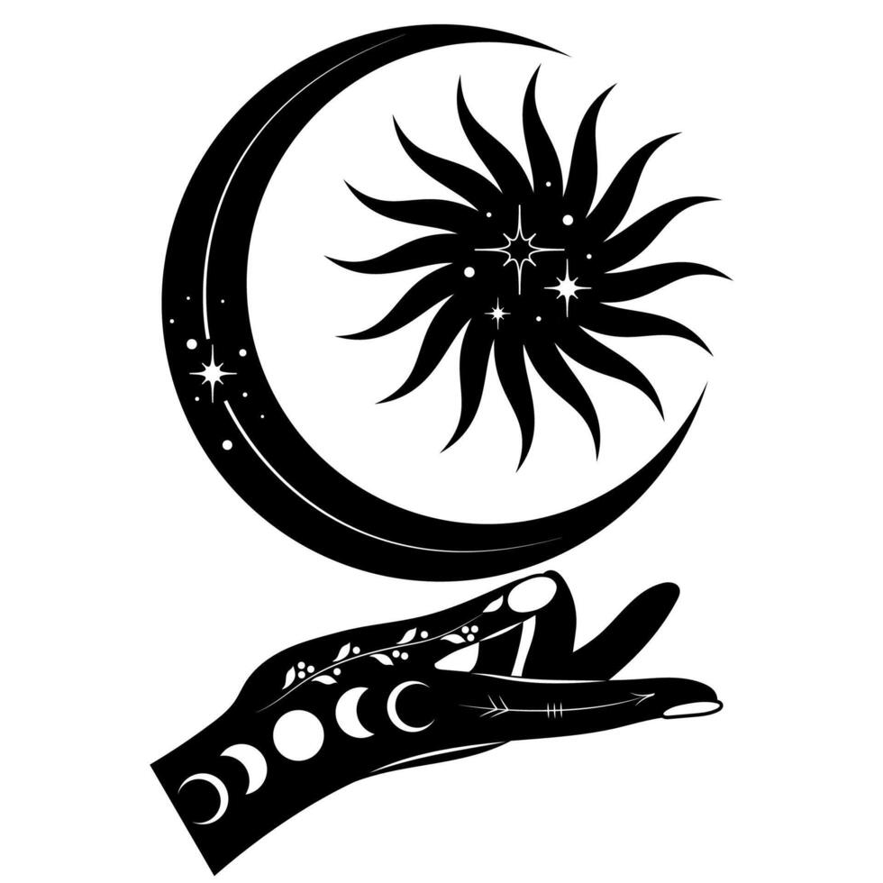 Hand with sun, moon and stars. Abstract symbol for cosmetics and packaging, jewelry, logo, tattoo. Esoteric. vector