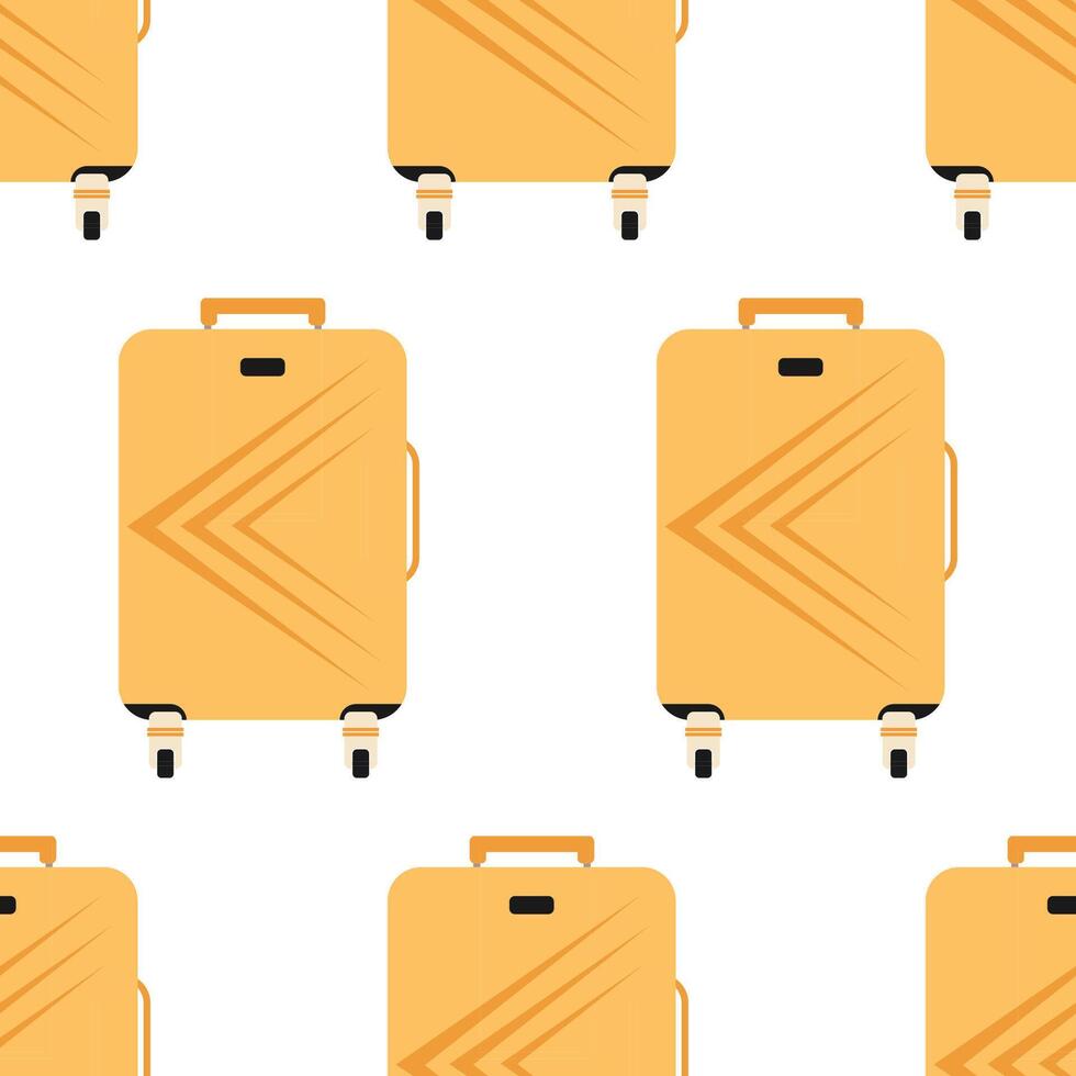 Seamless pattern with travel cartoon plastic suitcases on wheels. Background with travel bag, case, trunk, valise. vector