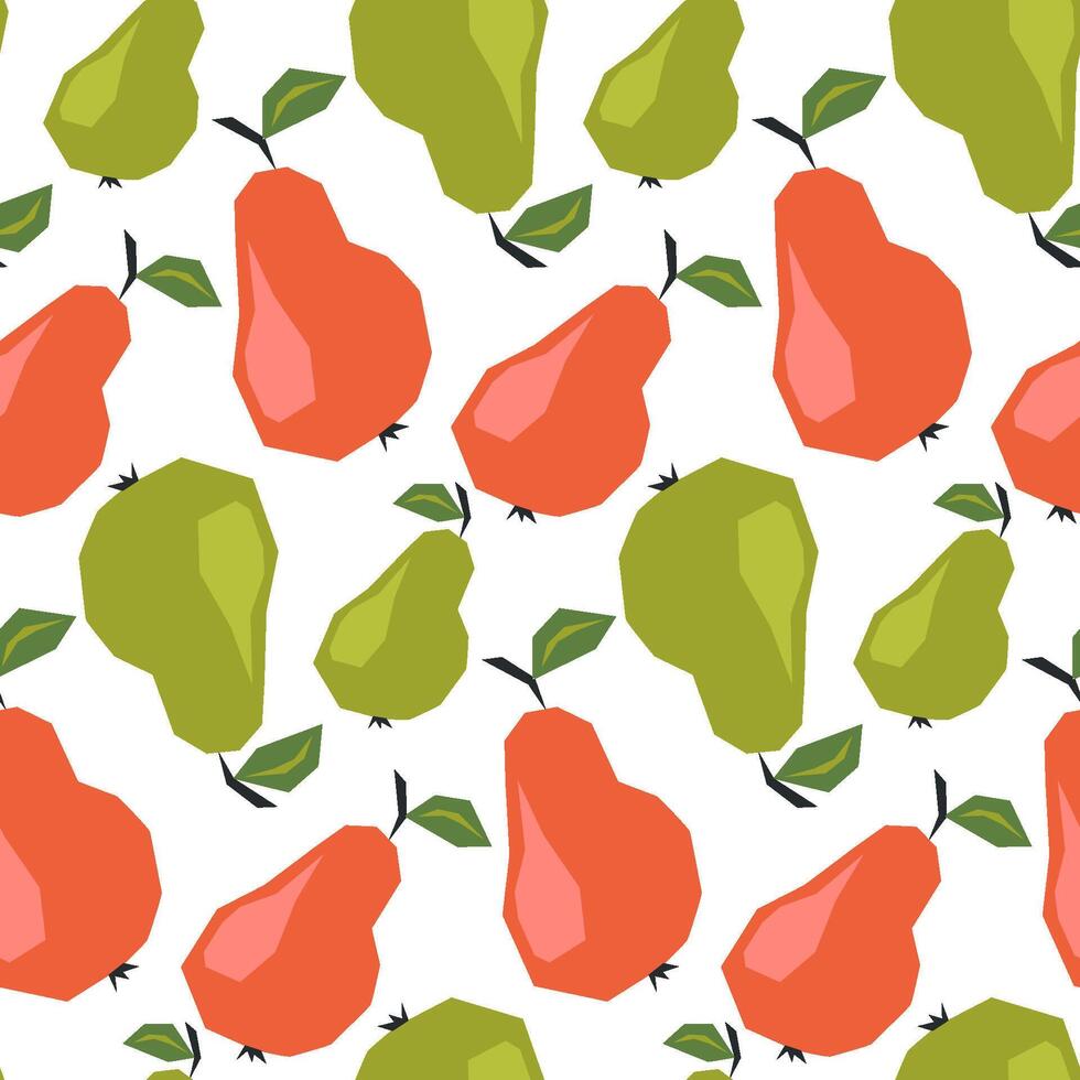 Seamless pattern with ripe red and green pears. Background, wrapping paper. Applique style drawing vector