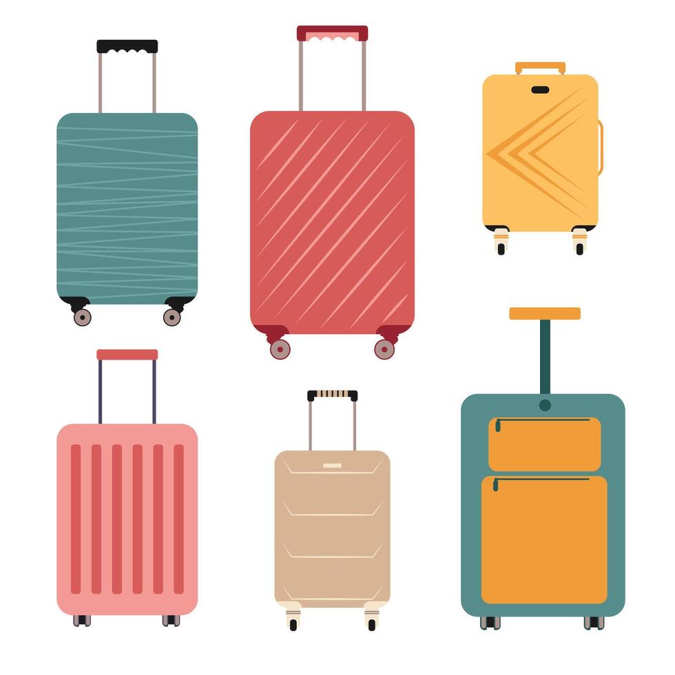 Set of travel cartoon plastic suitcases on wheels. Isolated travel bag, case, trunk, valise. vector