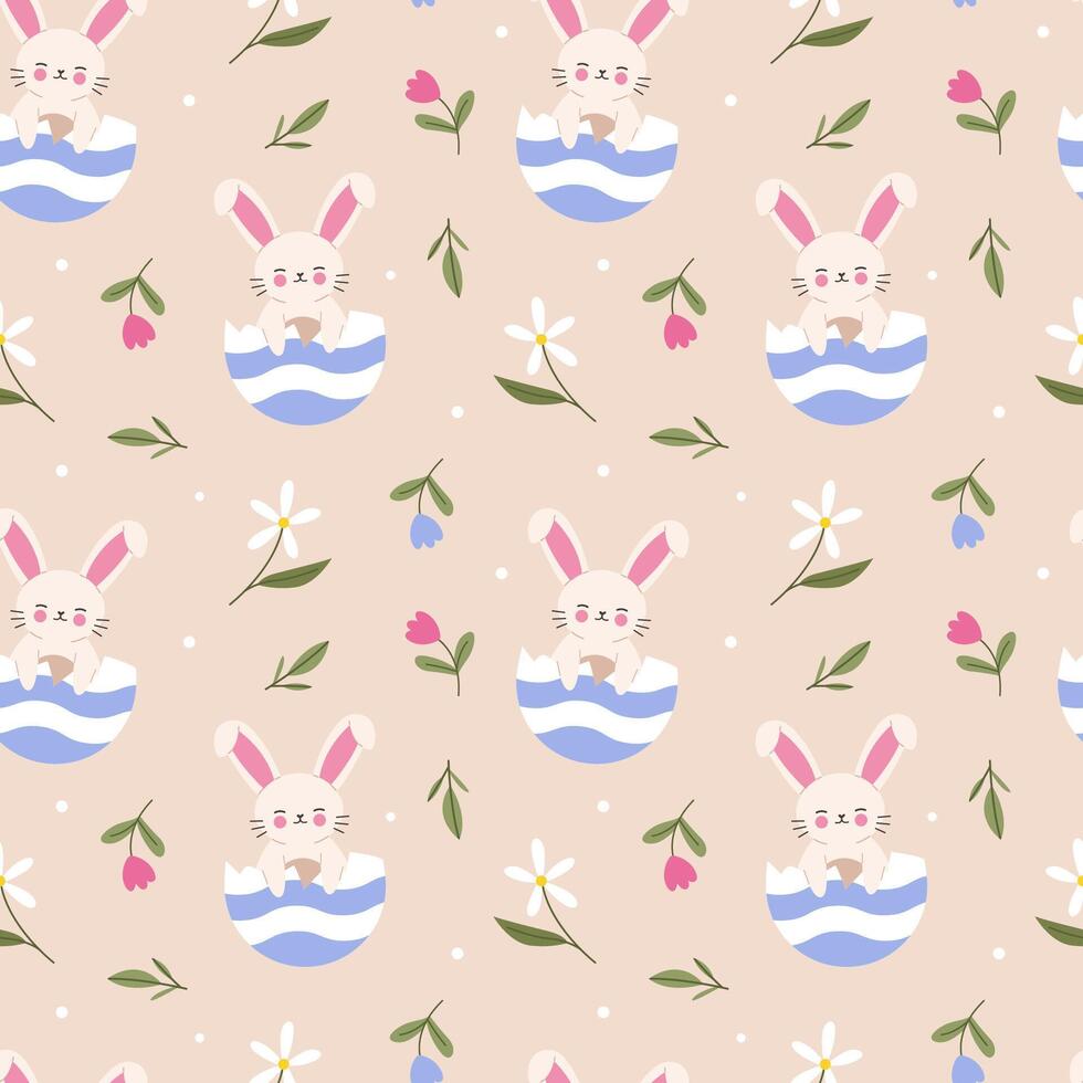 Pattern with rabbit in eggshell and flowers vector