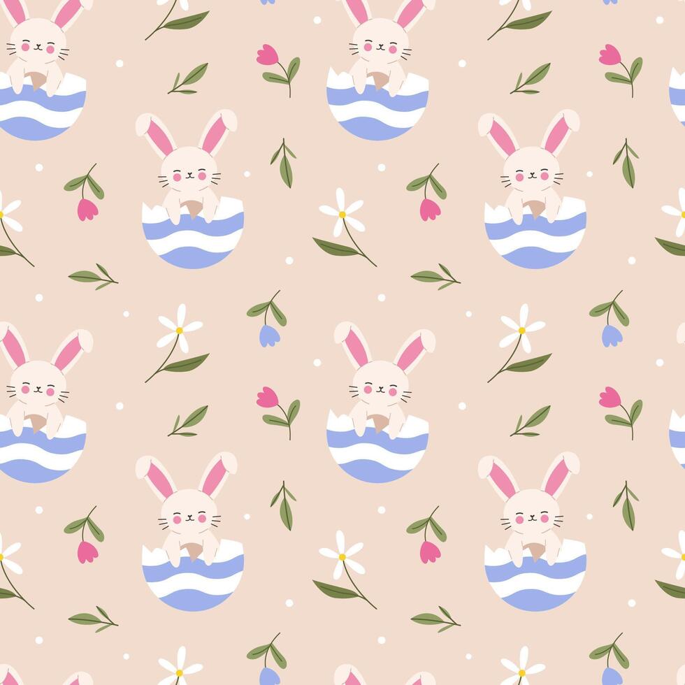 Pattern with rabbit in eggshell and flowers vector