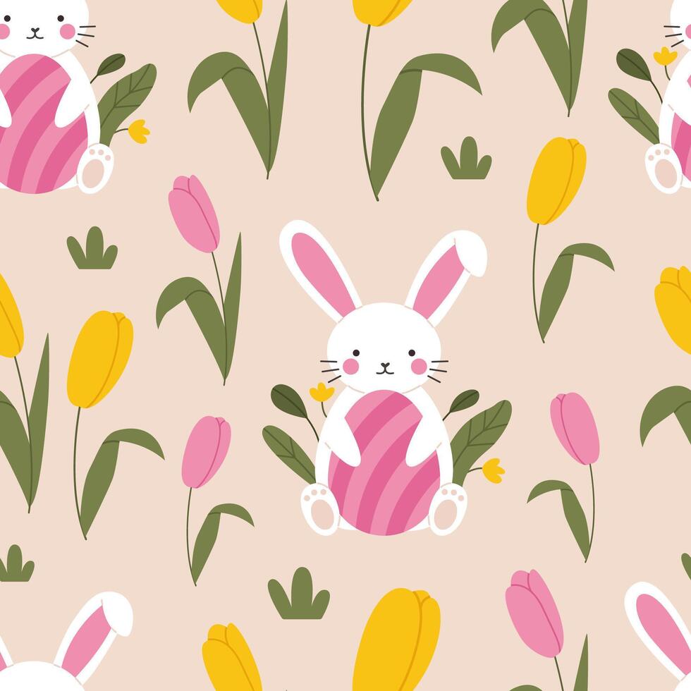 Pattern with cute bunnies and tulips vector