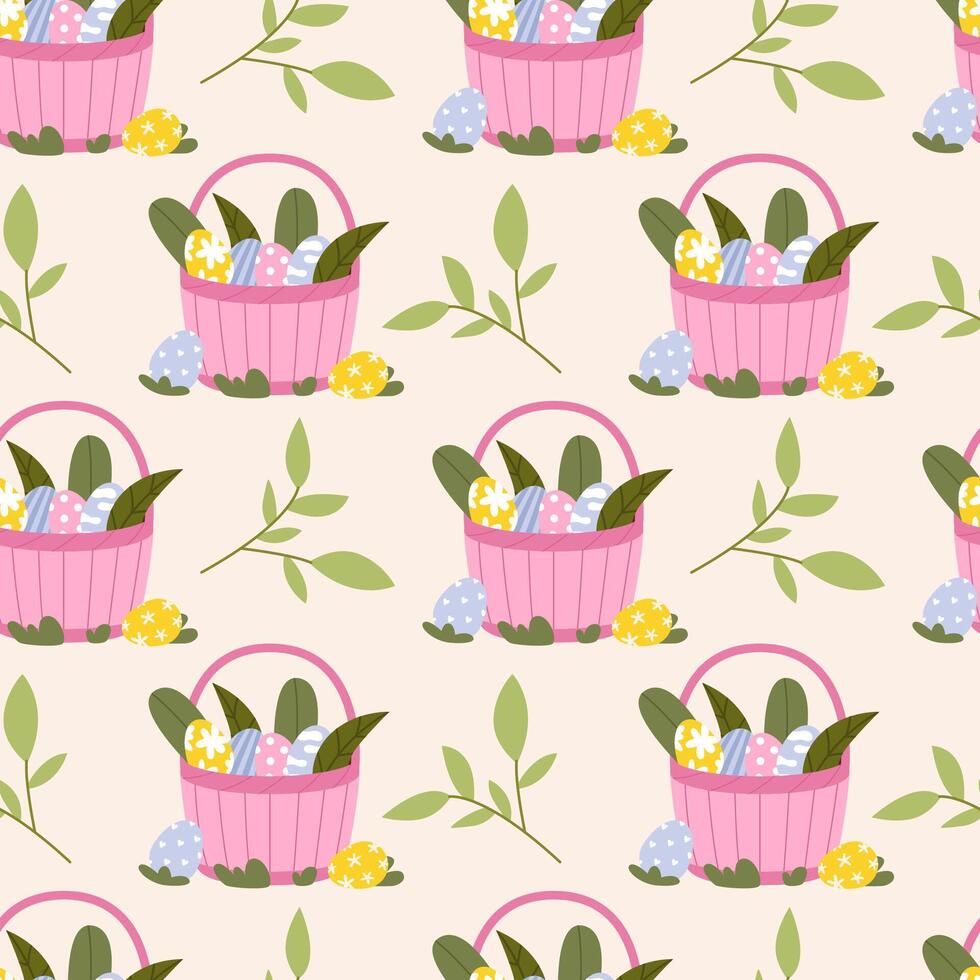 Basket with easter eggs pattern vector