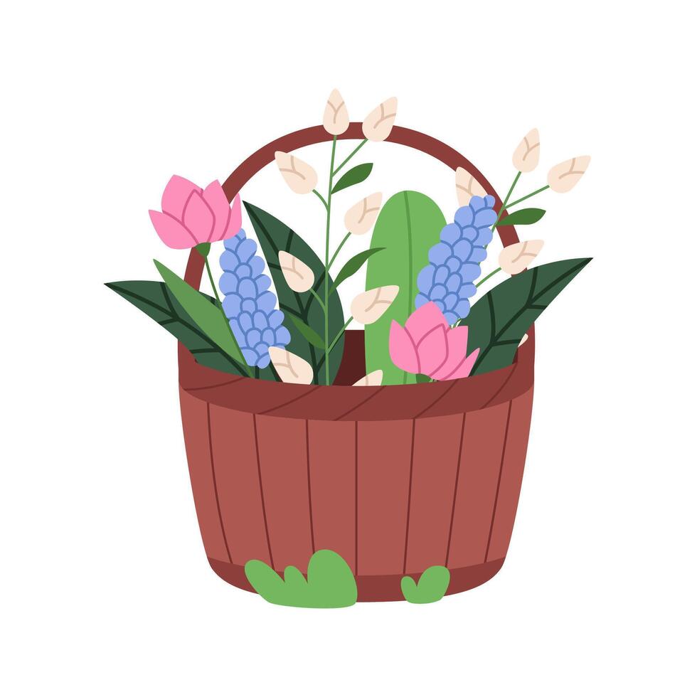 Large wicker basket with wildflowers vector