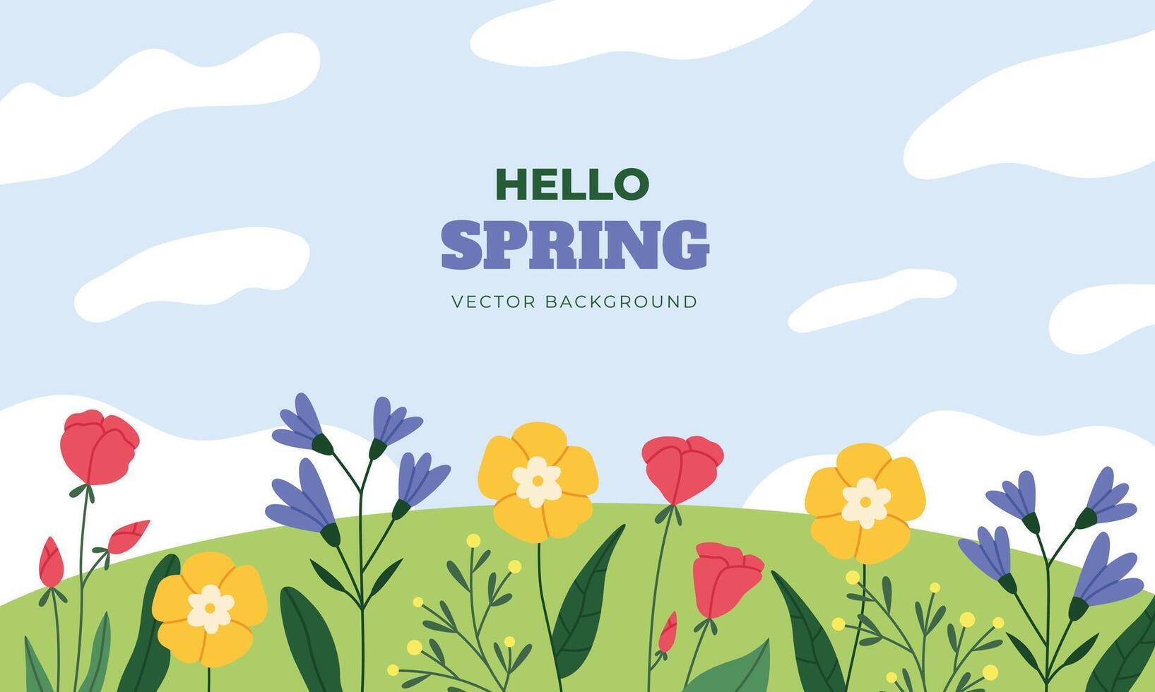 Spring time background hill covered by flowers and leaves vector