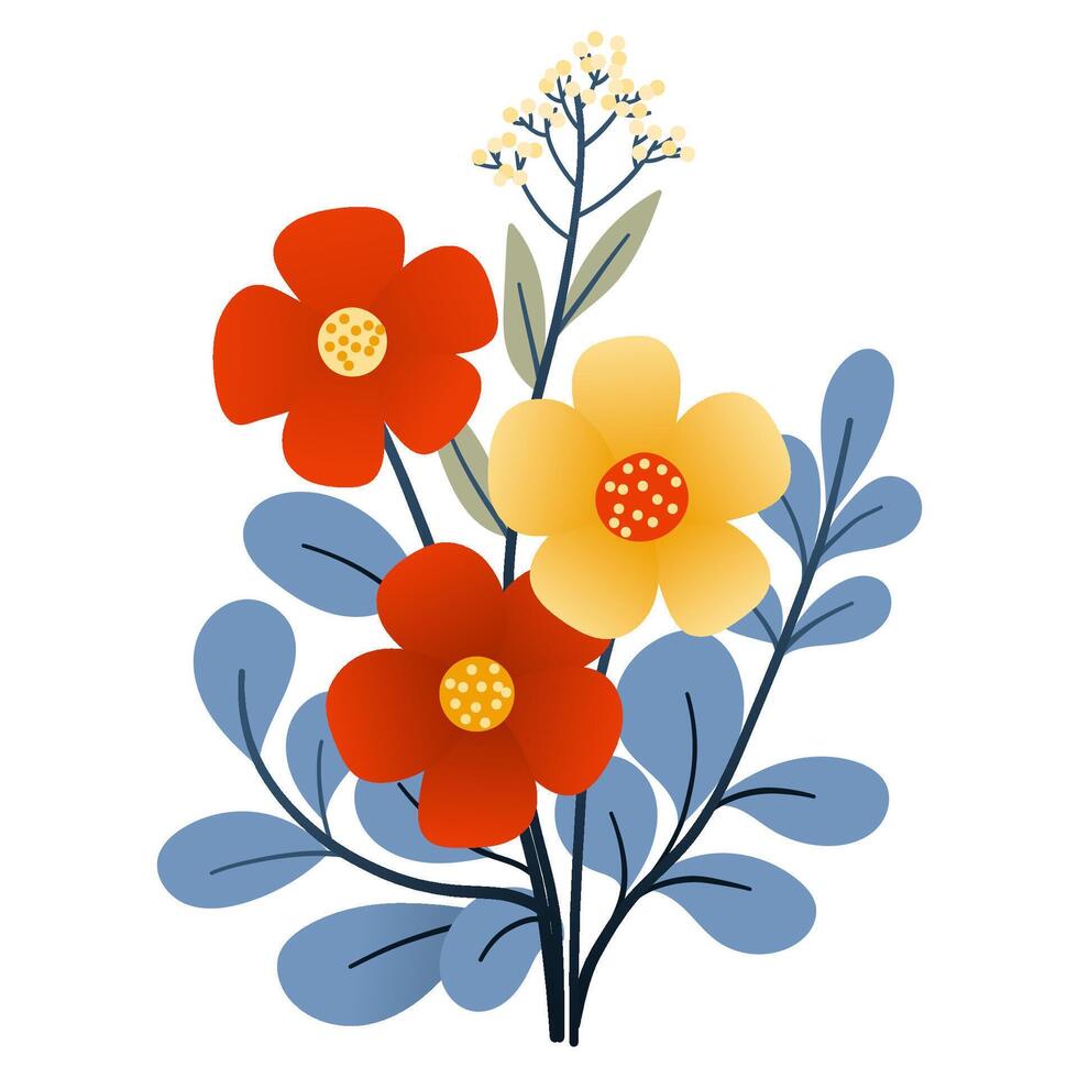 Bouquet of plants and red flowers in flat style on white background. Meadow flowers and grasses, leaves and poppies. Vector illustration