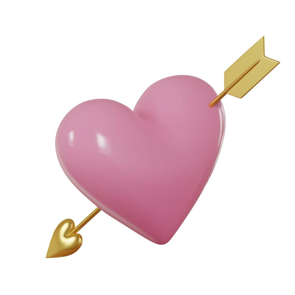 3D pink glossy heart with golden arrow in perspective. Symbol of love. Valentines day card. Realistic 3d isolated on white background. Vector illustration