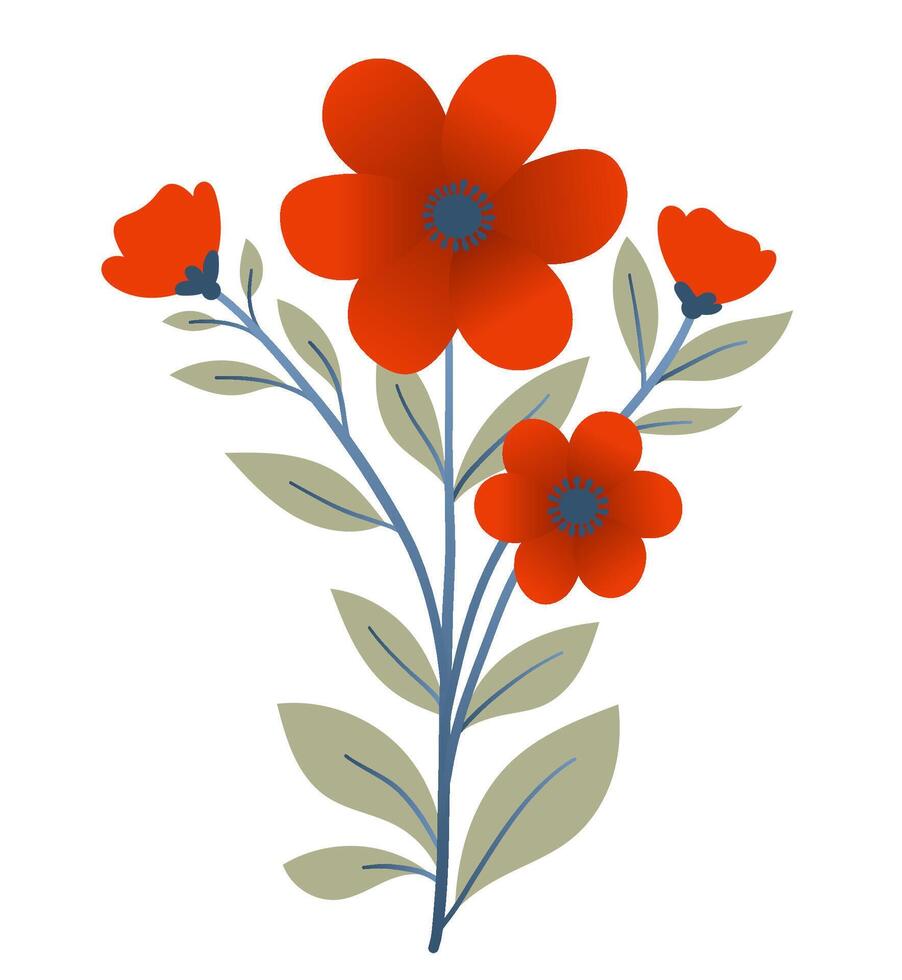 Bouquet of plants and red flowers in flat style on white background. Meadow flowers and grasses, leaves and poppies. Vector illustration