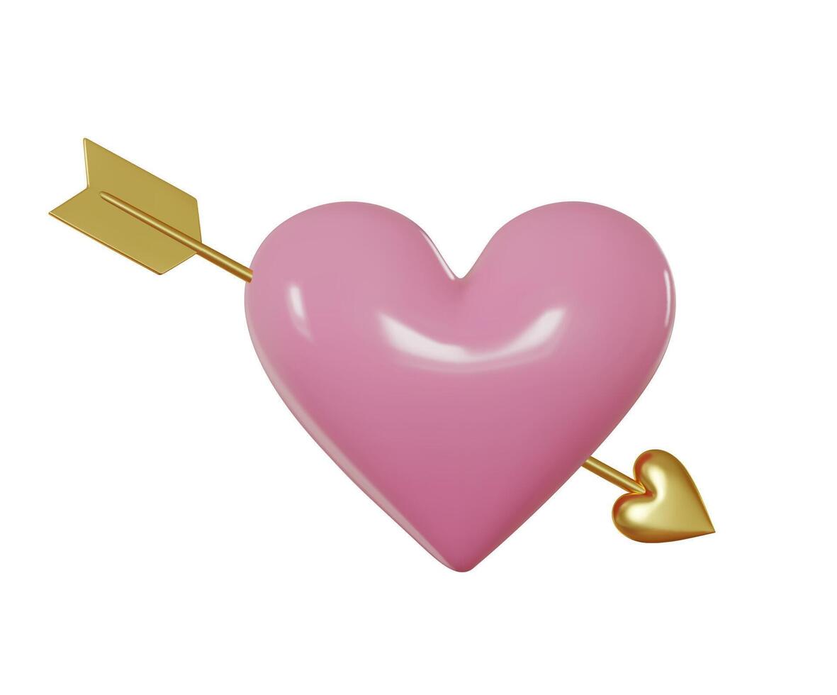 3D pink glossy heart with golden arrow. Symbol of love. Valentines day card. Realistic 3d isolated on white background. Vector illustration