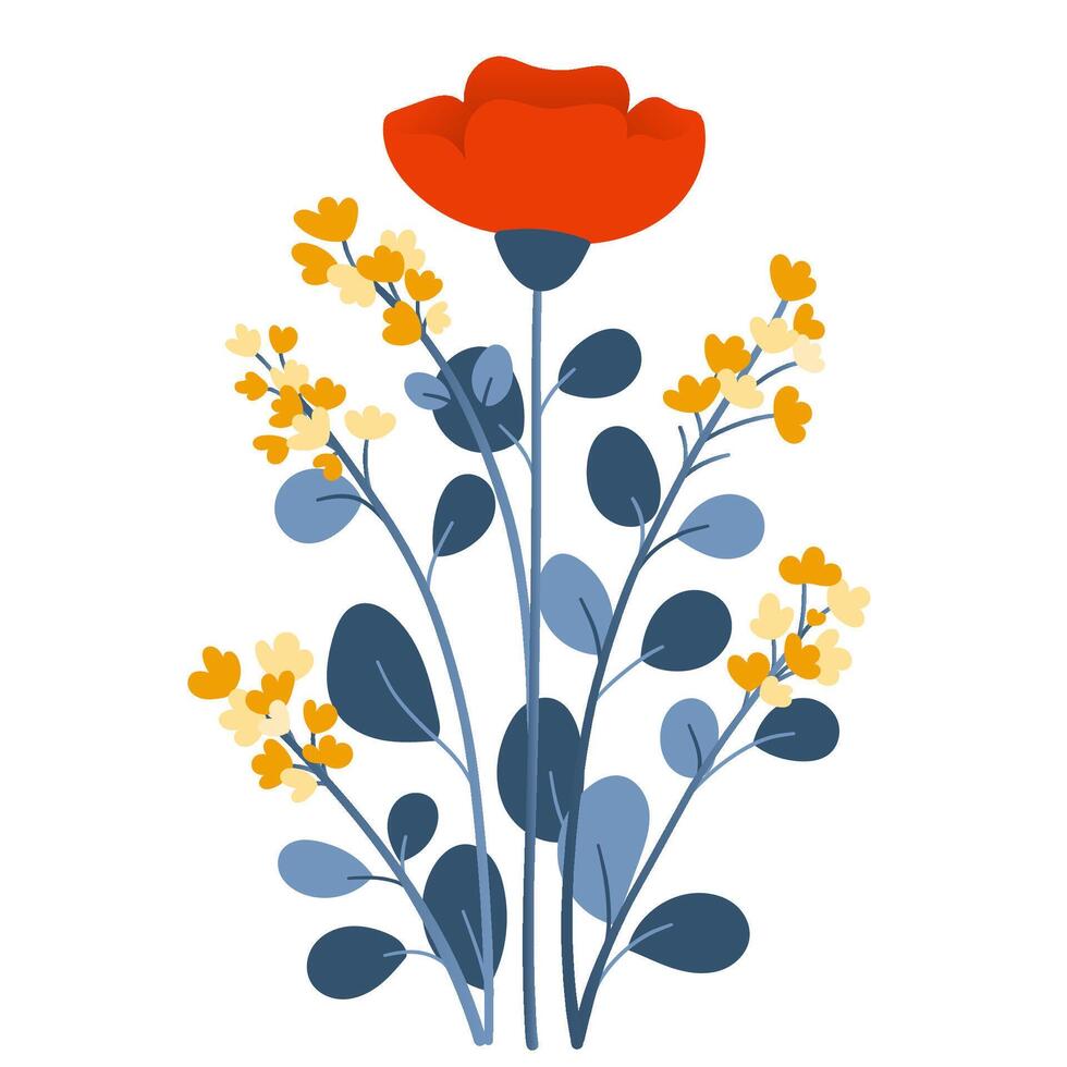Bouquet of plants and red flowers in flat style on white background. Meadow flowers and grasses, leaves and poppies. Vector illustration