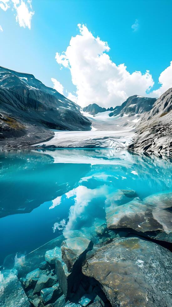 AI generated Azure Blue Glacier Lake, A pristine high-altitude lake surrounded by glaciers, reflecting the vibrant blue of the sky, background image, generative AI photo