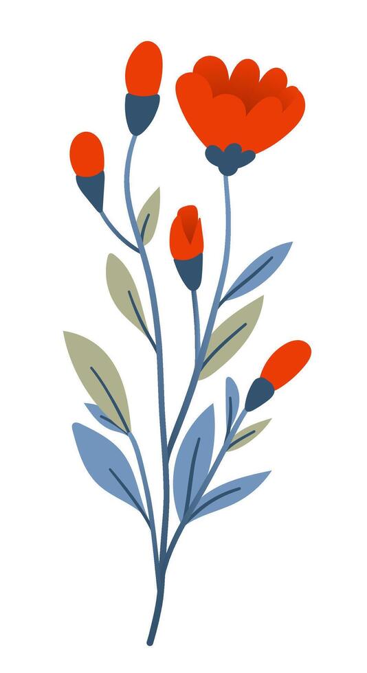 ramo de flores de plantas y rojo flores en plano estilo en blanco antecedentes. prado flores y pastos, hojas y amapolas vector ilustración